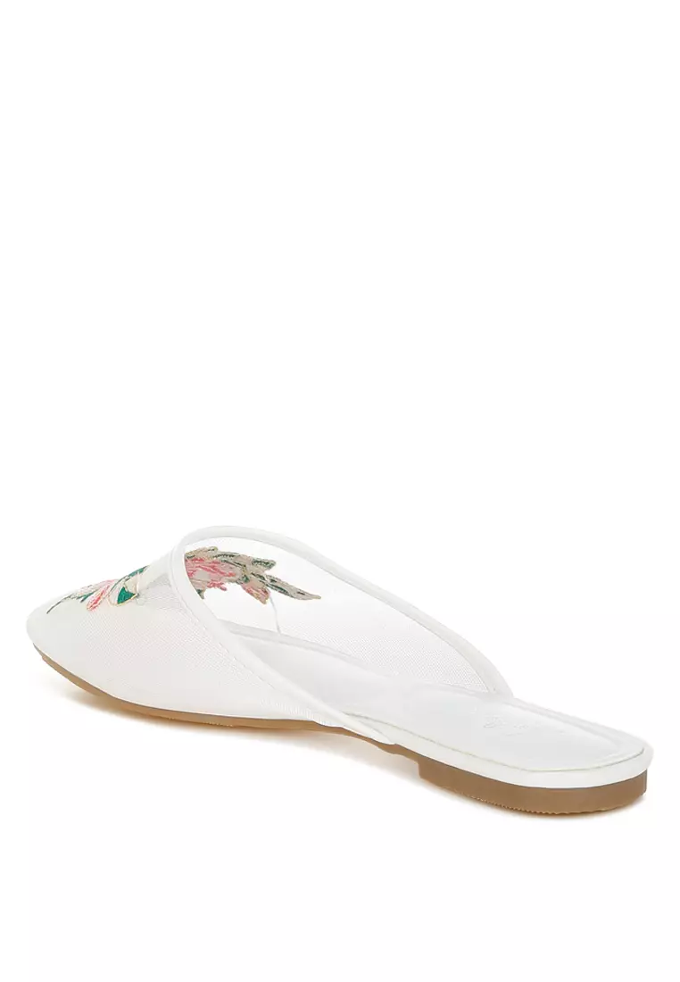 Floral Embroidered Mesh Mules in White