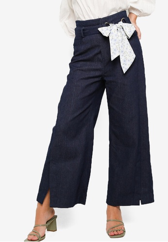 Lubna navy Wide Leg Jeans With Scarf Belt A2749AA3D5FBA7GS_1