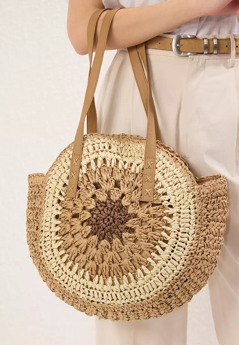 Camel Color Block Hand Knitted Straw Women Round Shoulder Bag Takss25Oc00054