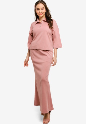 Lubna pink Knitted Wide Sleeve Top With Skirt Set 8977FAAE301529GS_1