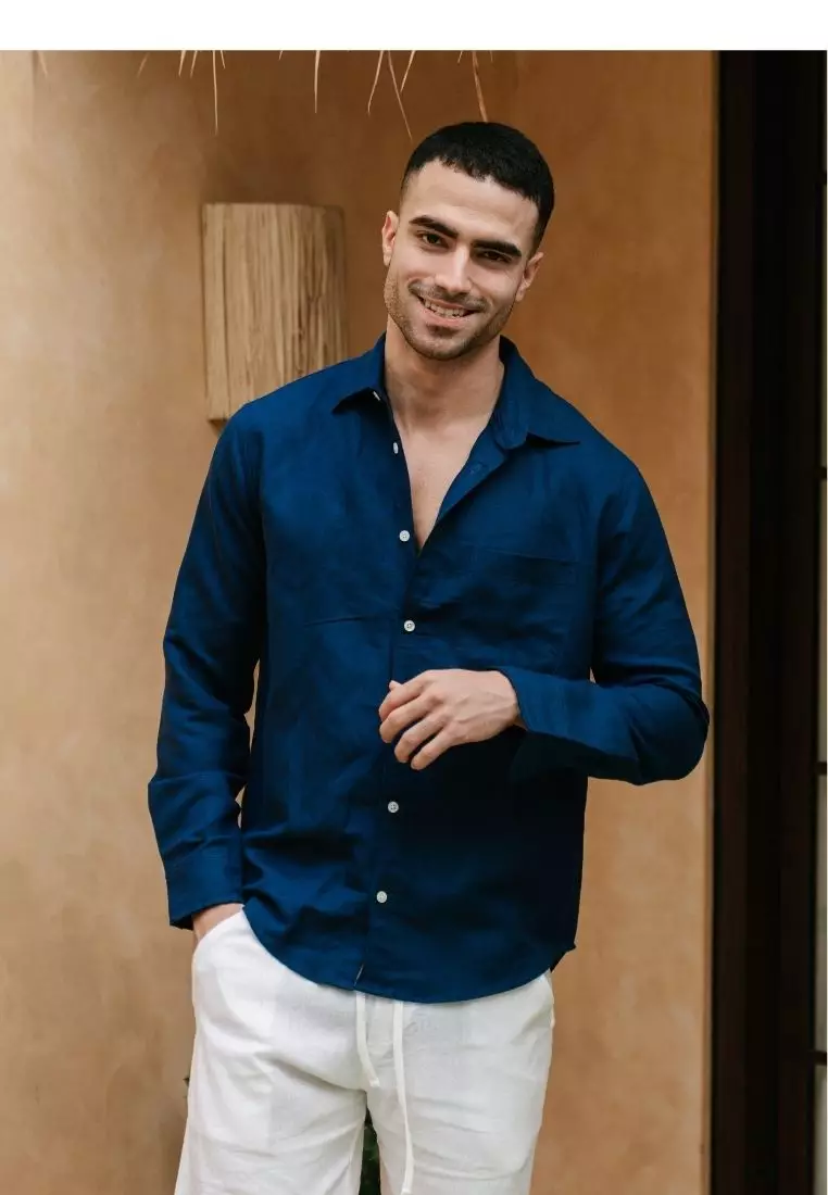 Santorini Kemeja Linen Lengan Panjang Pria Navy | Linen Long Sleeve Shirt Men Navy