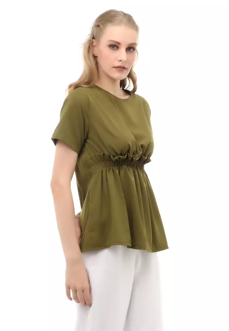 Cheva Blouse Atasan Wanita Kasual Pinggang Karet Pita Ikat Simple Material Wolfis ORIGINAL - Army Green