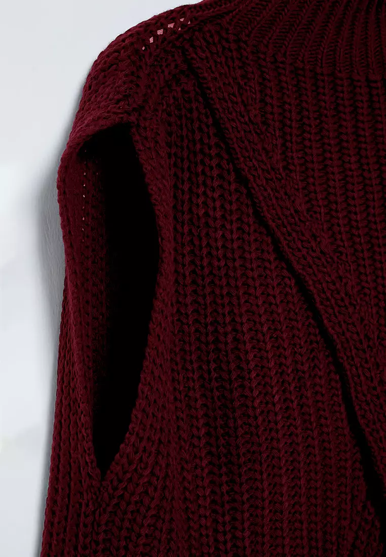 Burgundy Stand Collar Slit Knitwear Sweater