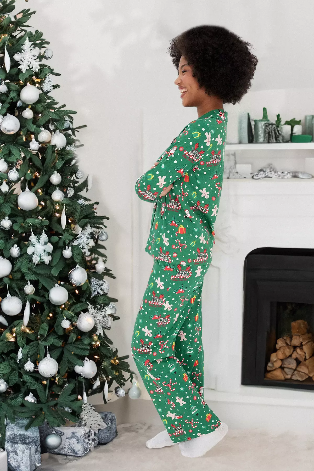 Green 100% Cotton Christmas Themed Knitted Pajama Set