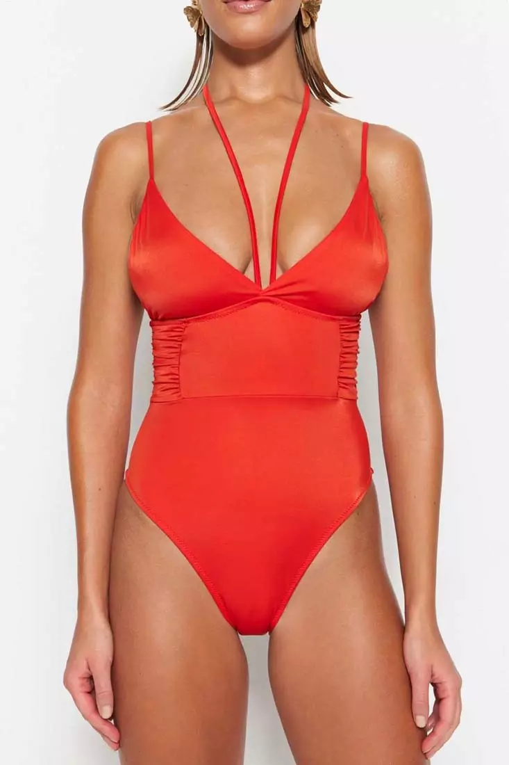 Red v neck swimsuit cheap