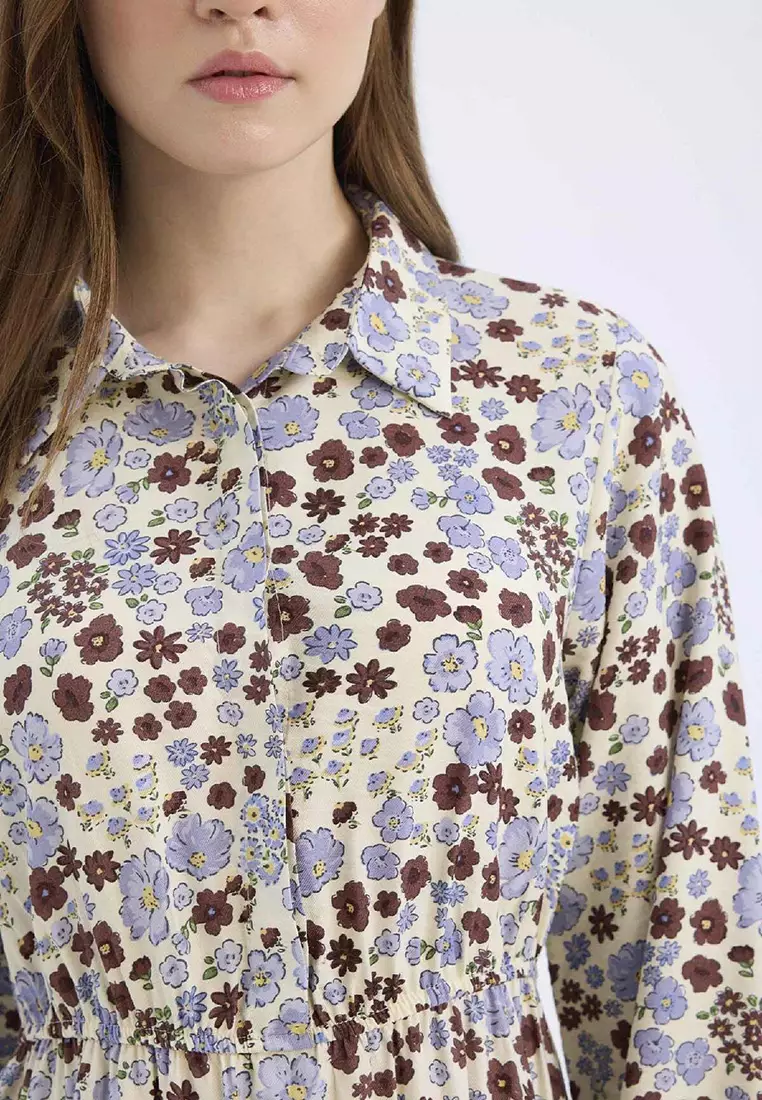 Shirt Collar Print Long Sleeve Maxi Dress