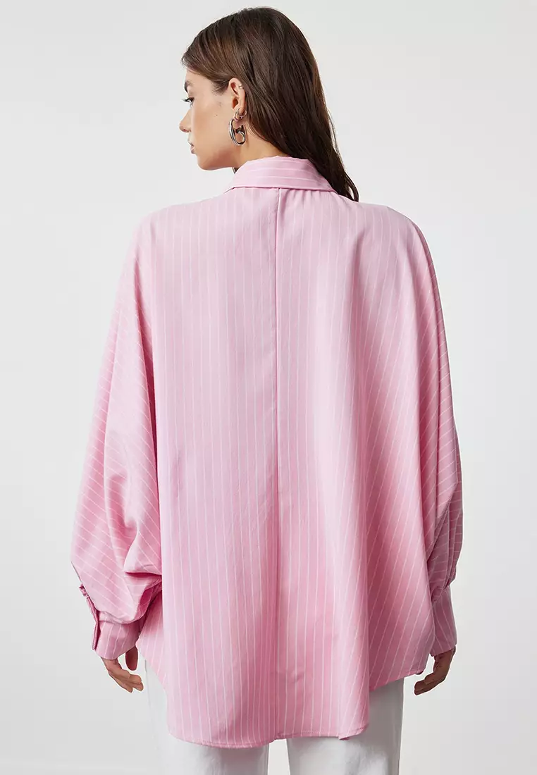 Pink Striped Balloon Sleeve Cotton Woven Shirt TCTSS24TG00072
