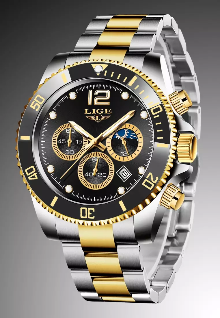 Unisex Chronograph Diver's Stainless Steel Quartz Watch with turning Bezel on Steel Bracelet