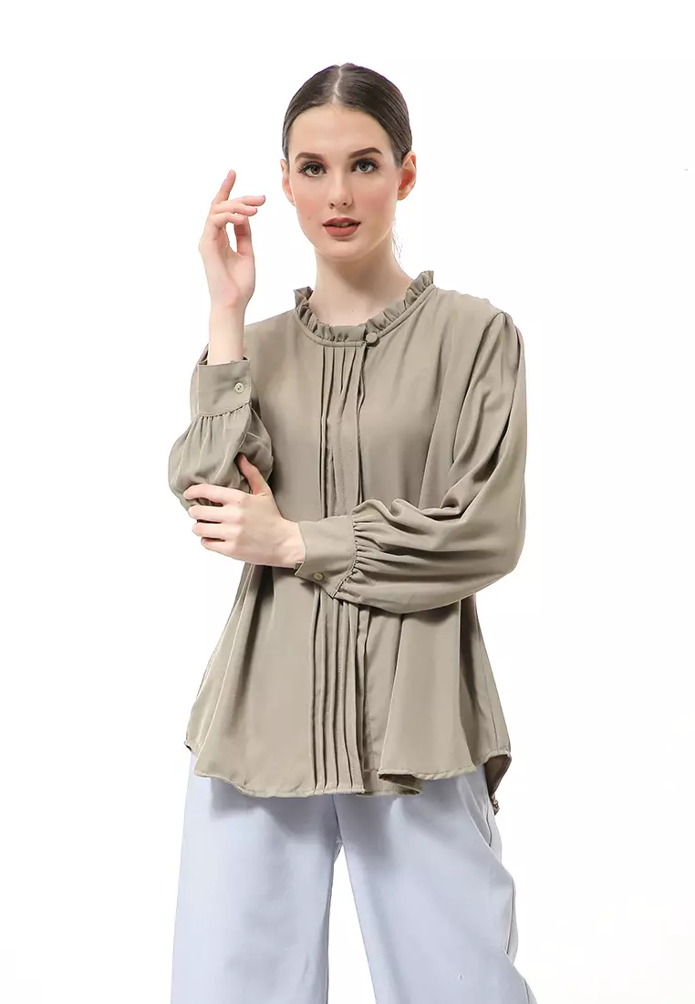 Vionka Kemeja Atasan Wanita Opnaisel Motif Polos - Army