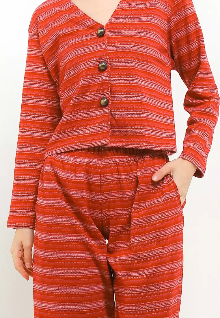 Atasan Bawahan Set Stripe Lengan Panjang Celana Panjang
