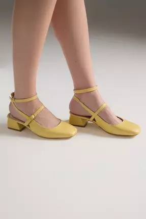 Yellow Mary Jane Ankle Strap Square Toe Women High Heel Shoes Takss24To00009
