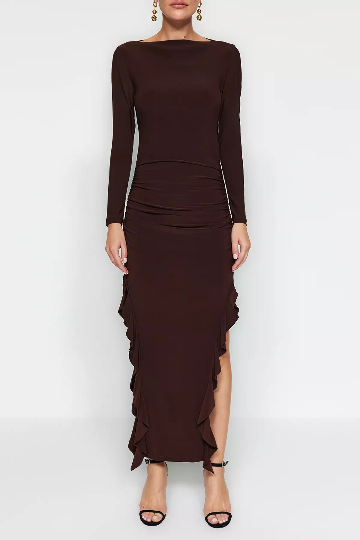 Boat Neck Ruffle Ruched Midi Dress