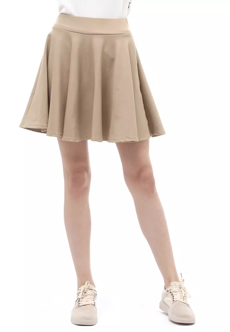 Rok Midi Bawahan Wanita Motif Solid Casual Relaxed Fit - Beige