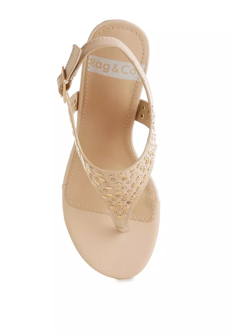 Studded Thong Toe Wedges in Beige