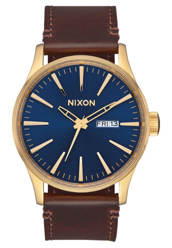 Nixon brown and blue and gold Sentry Leather 42mm - Polished Gold/Navy Sunray (A1053320) AD0A8AC4C707BBGS_1