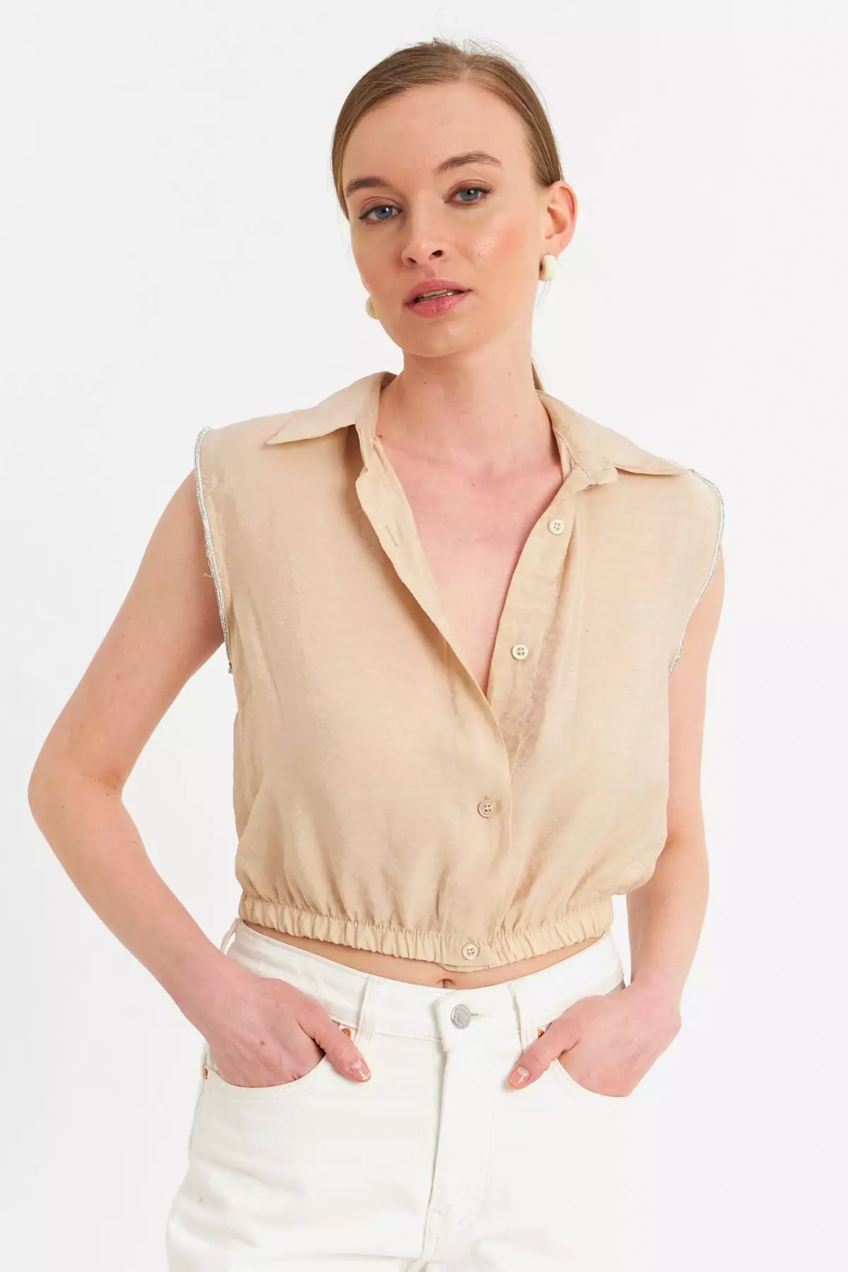 Stone Detailed Crop Shirt