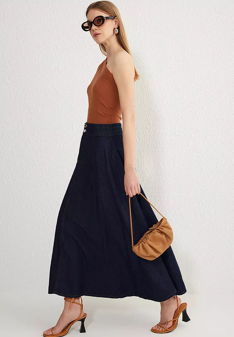 Buy Trendyol Dark Blue Elastic Waist Maxi Denim Balloon