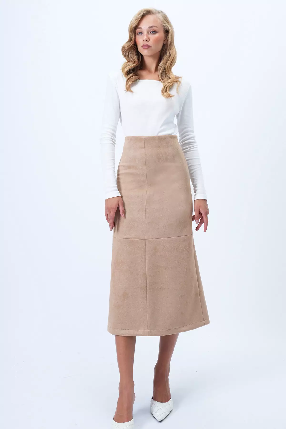 Women's Beige Hidden Zippered Stitch Detailed Faux Suede Maxi Skirt Alc-X14407