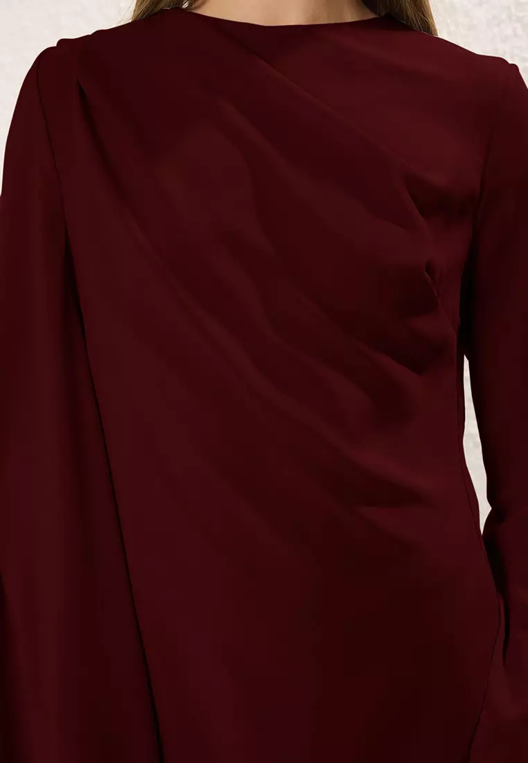 Burgundy Shawl Detailed Lined Evening Dress Tctss24Db00036