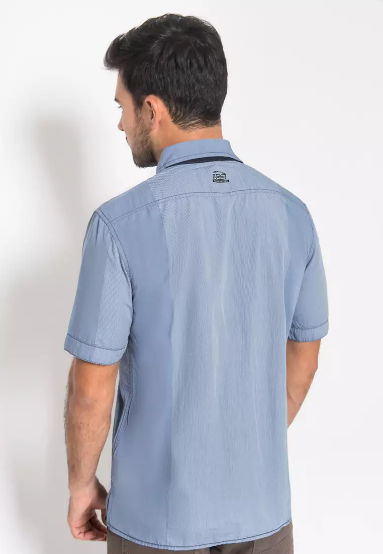 LGS - Kemeja Casual Pria Salur Polos Warna Biru CSH.270.S570.1107.C