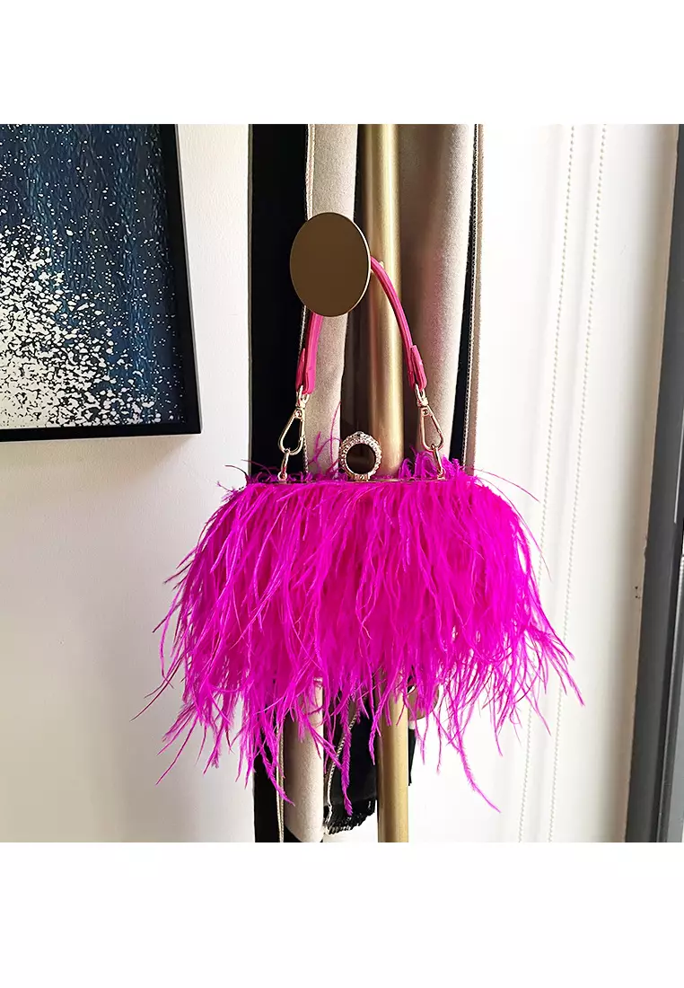 Ostrich Feather Ring Buckle Chain Crossbody Shoulder Small Square Bag