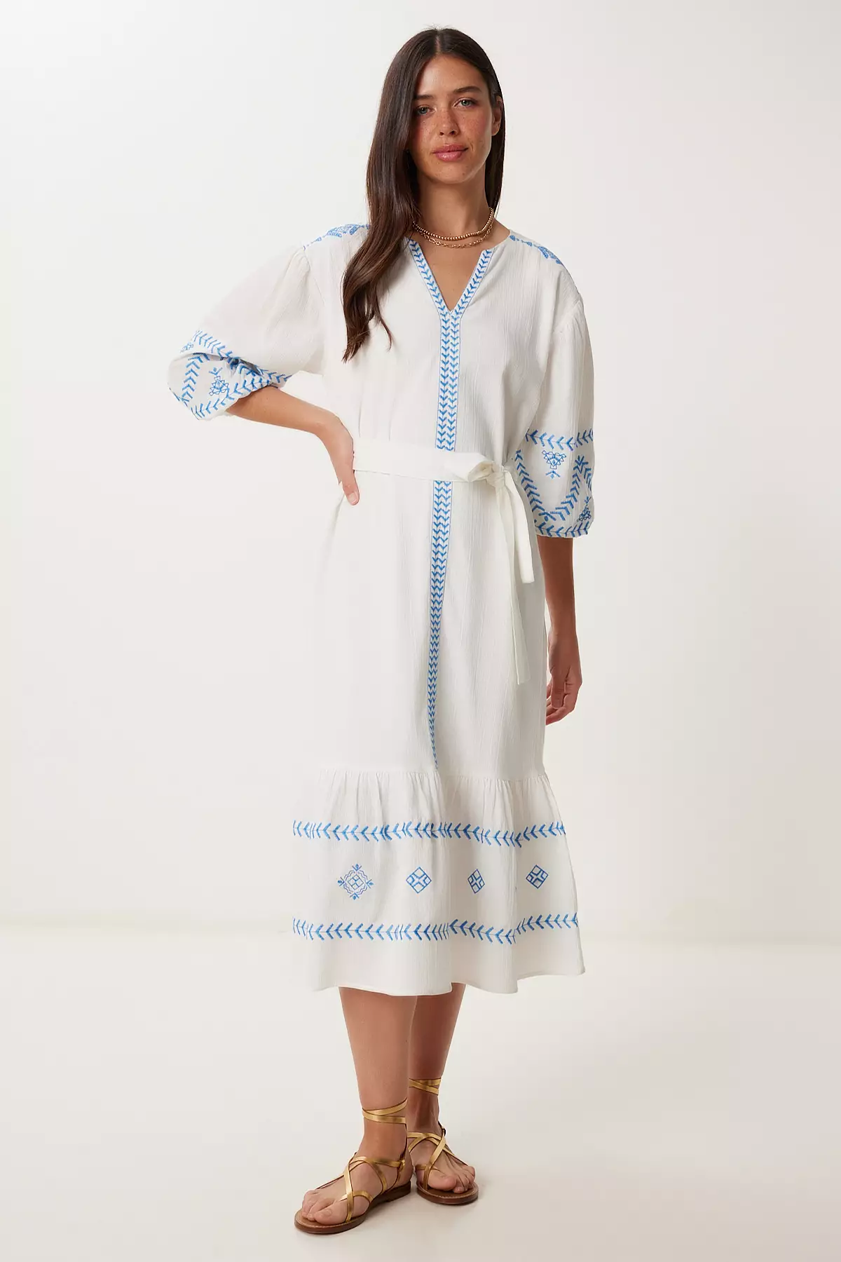 Women's White Embroidery Embroidered Flounced Summer Linen Dress Rv00212