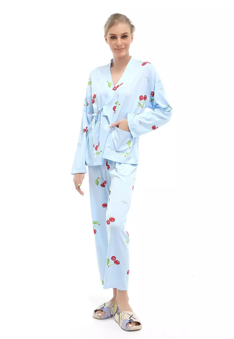 Vance Setelan Piyama Kimono Baju Tidur Wanita Lengan Panjang Motif Cherry Material Cotton ORIGINAL - Blue
