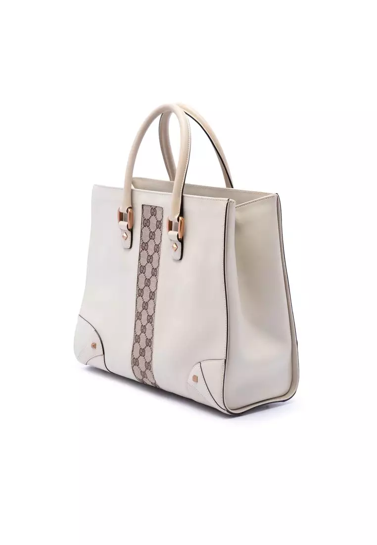 Pre-Loved Gucci Calfskin And Gg Canvas Nailhead Tote