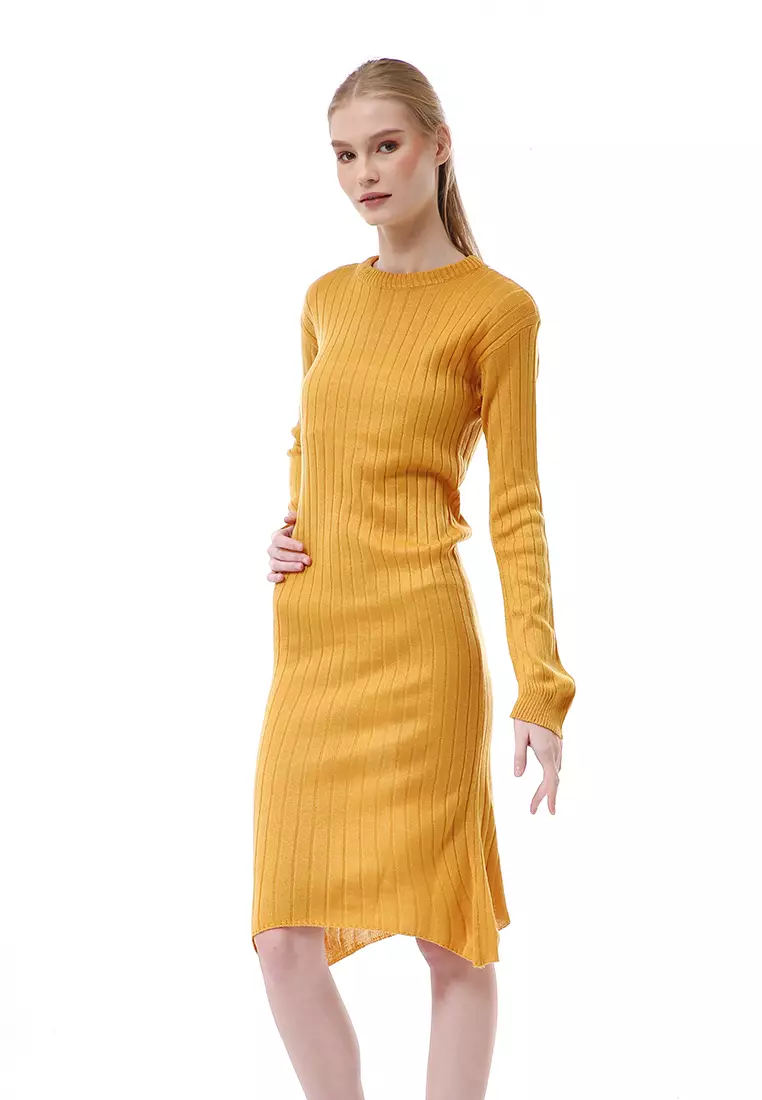 Adela Dress Rajut Tunik Wanita Motif Polos Long Sleeve Relaxed Fit - Mustard