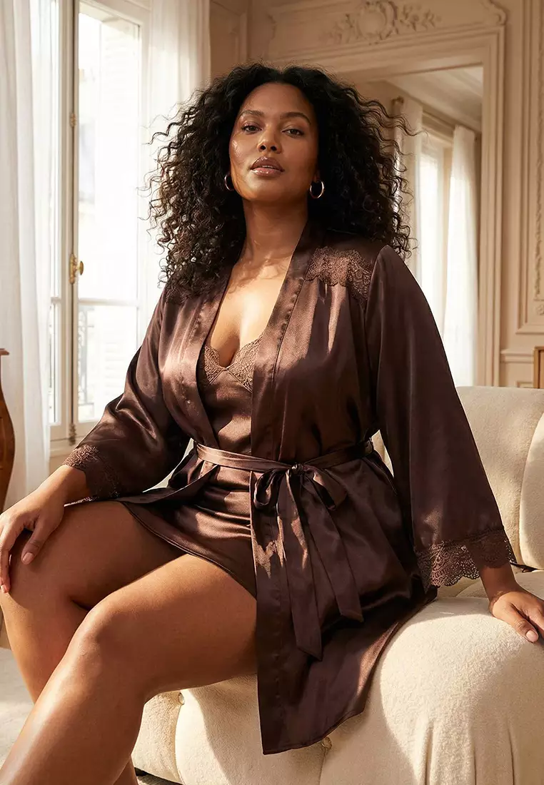 Brown Satin Woven 2-Piece Set Dowry Set Plus Size Nightgown Tbbss26Ch00003