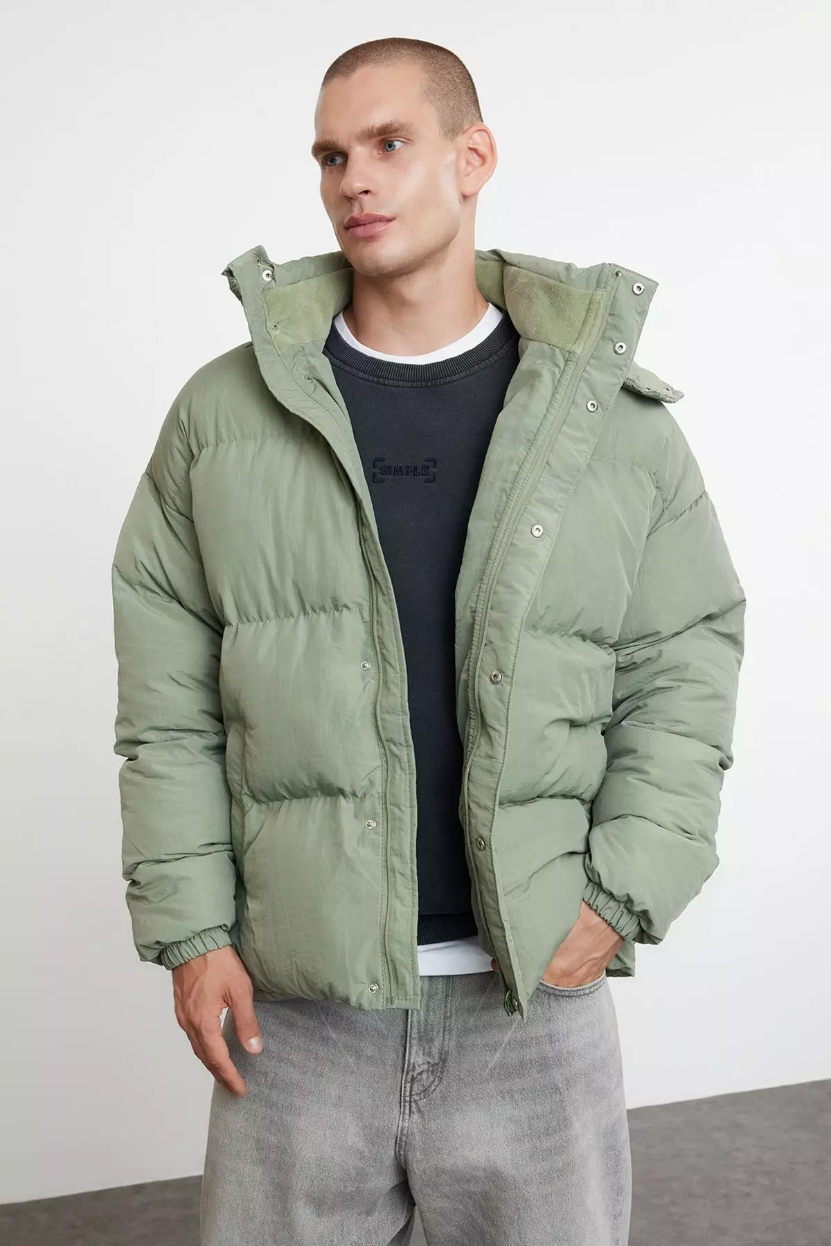 Men's Khaki Oversize Fit Hooded Taslan Winter Puffer Coat TMNAW25MO00005