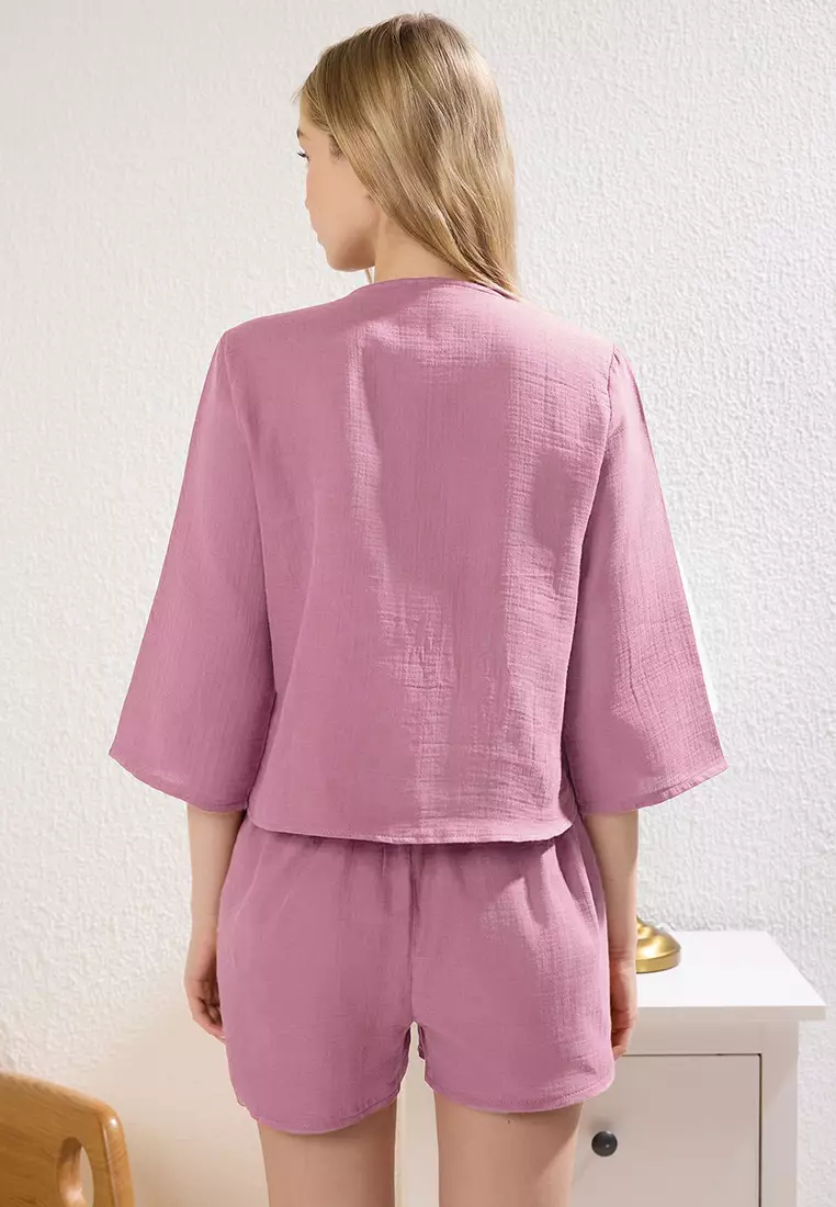 Pink 100% Cotton Tie/Ribbon/Bow Detailed Muslin Shorts and Woven Pajama Set THMSS24PT00077