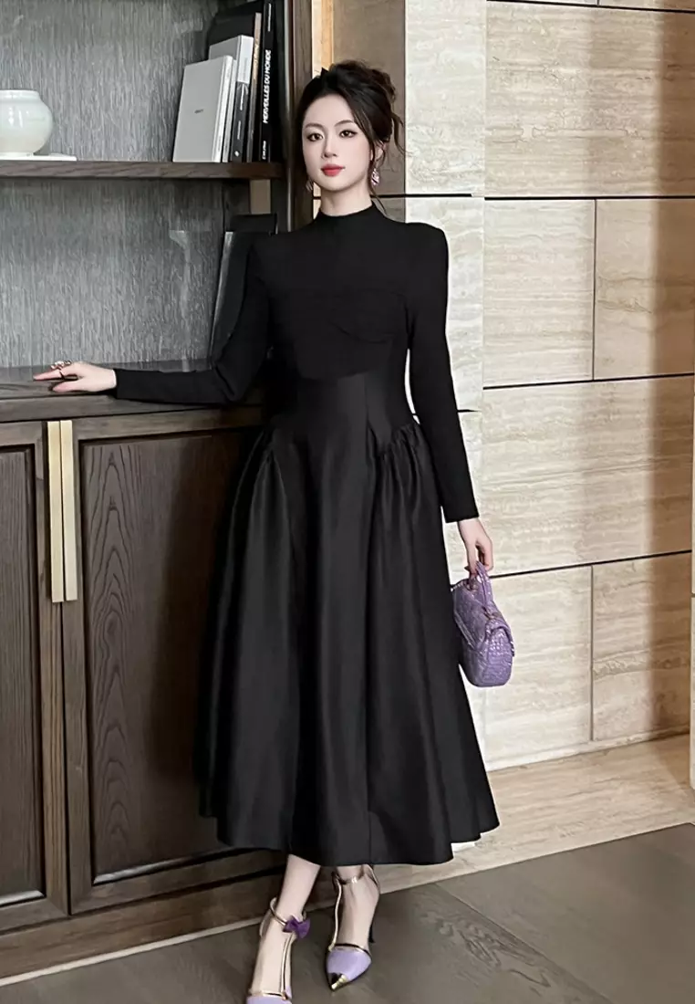 New French-style stand-up collar slim-fit black dress CA25110332BK