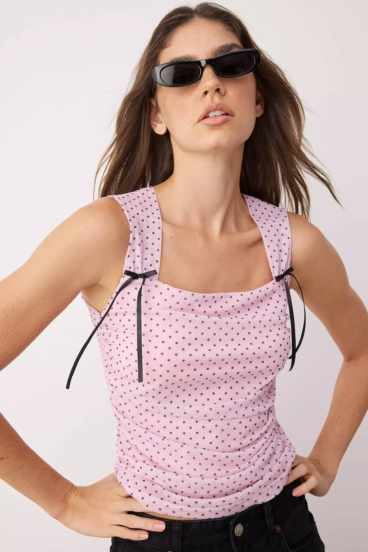 Pink Polka Dot Lined Printed Tulle Bodycon Crop Bow Detail Knitted Blouse