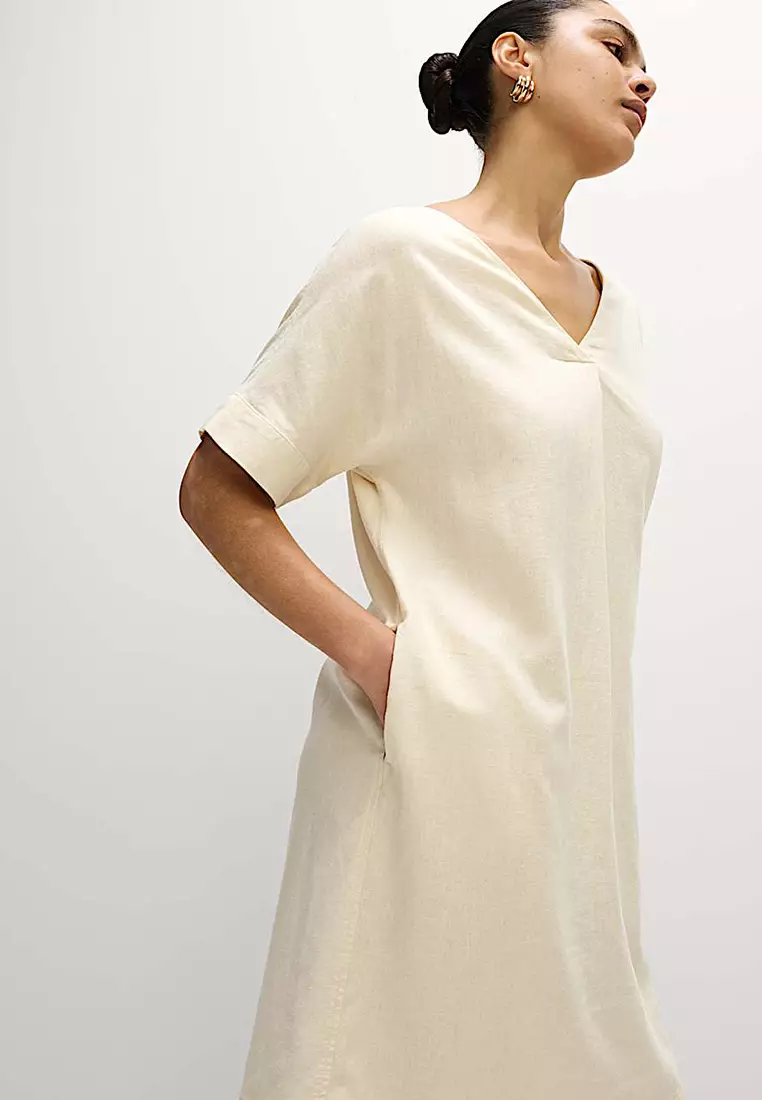 Linen Rich V-Neck Mini Shift Dress