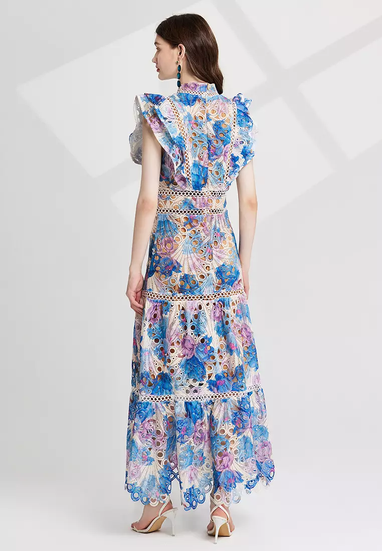 Colorful printed embroidered stand-up collar waist dress CA25070927BL