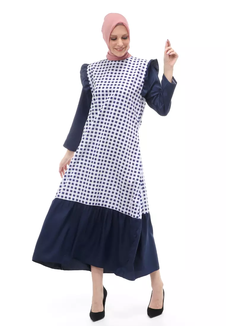 Ghina Gamis Tartan Muslimah Long Casual Wanita Regular Fit - Navy