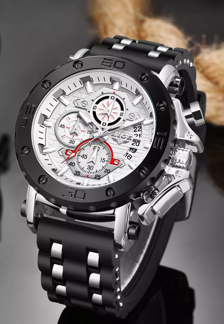 Chronograph Unisex Stainless Steel Quartz Watch, Black Bezel, White dial, Rubber and Metal Strap