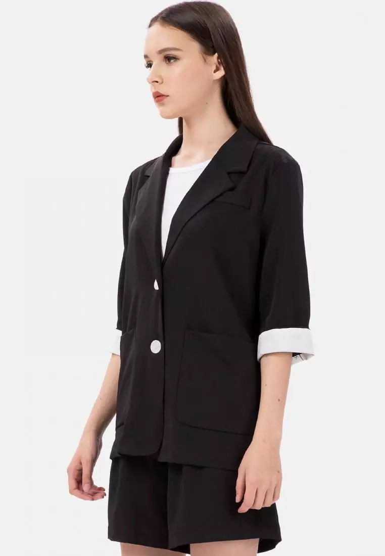 Mid Sleeve Pocket Blazer Set in Black
