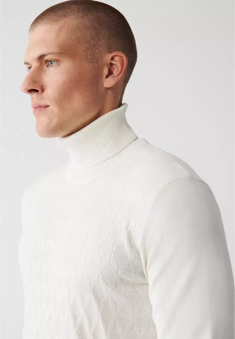 Men's Ecru Turtleneck Cotton Patterned Knitwear Sweater A32Y5198