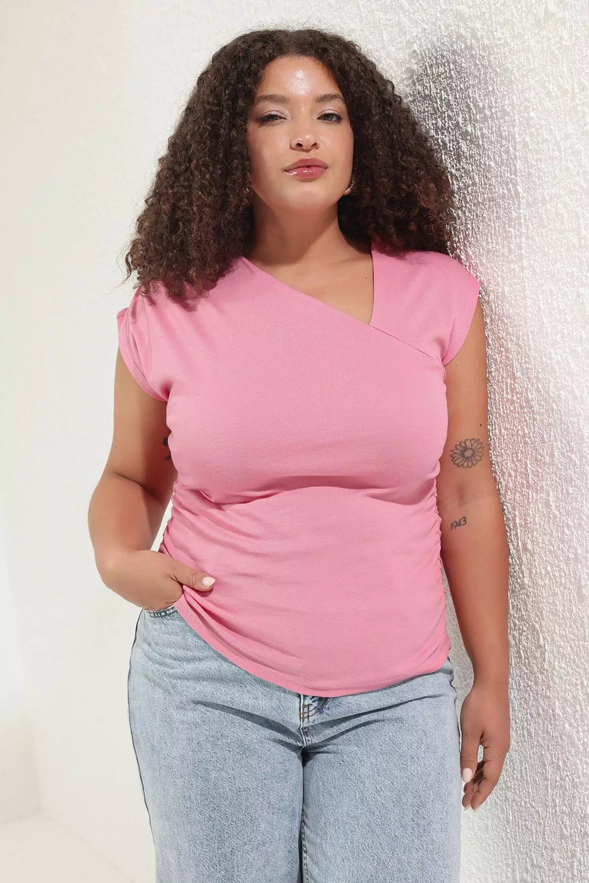 Pink Soft Fabric Asymmetrical Collar 100% Cotton Knitted Plus Size Blouse Tbbss25Af00002