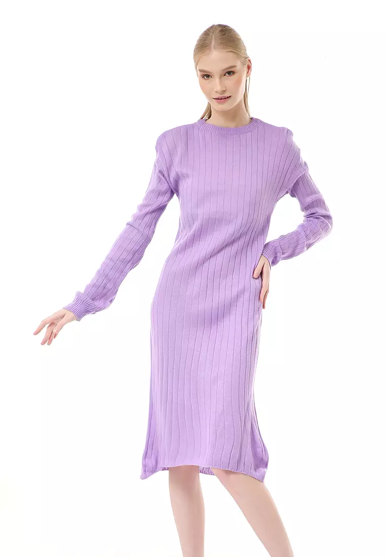 Adela Dress Rajut Tunik Wanita Motif Polos Long Sleeve Relaxed Fit - Lilac