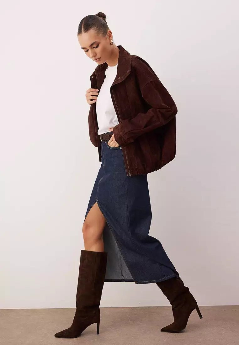 Dark Blue Slit Maxi Denim Skirt Twoaw26Et144