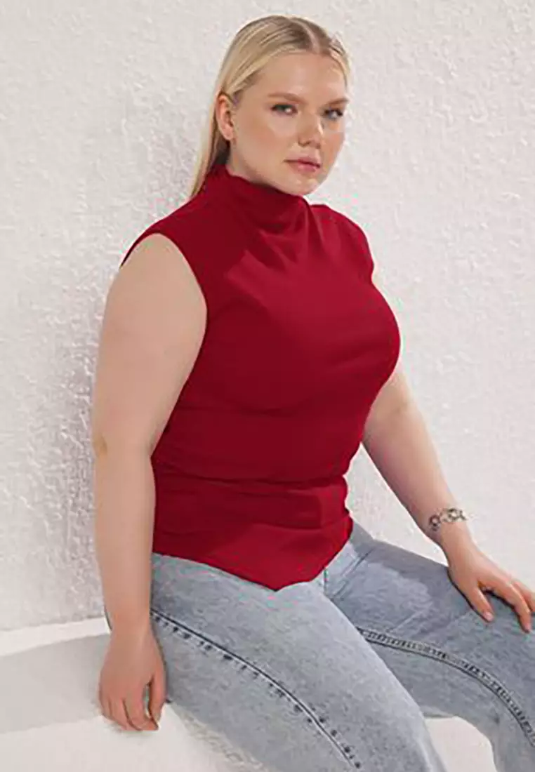 Red Stand Collar Asymmetric Knitted Plus Size Blouse Tbbss25Af00039