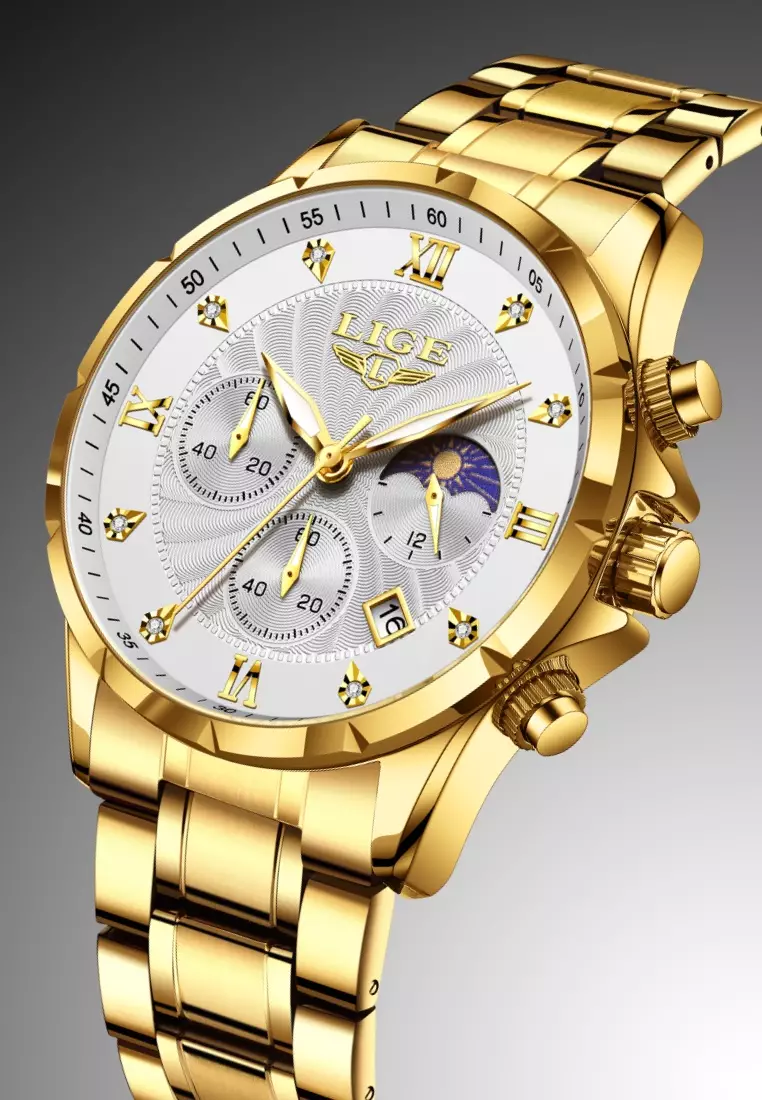 Chronograph Unisex IP Gold Color Stainless Steel Quartz Watch, black dial, Metal Bracelet