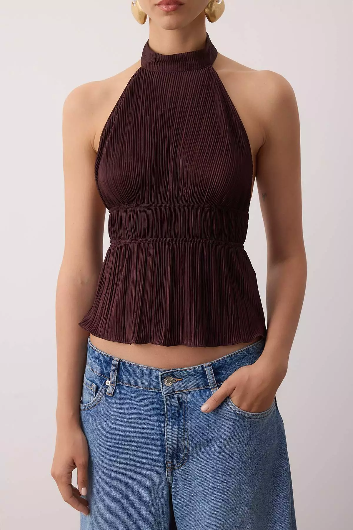 Brown Straight Halter Neck Sleeveless Knitted Wrap Party Blouse