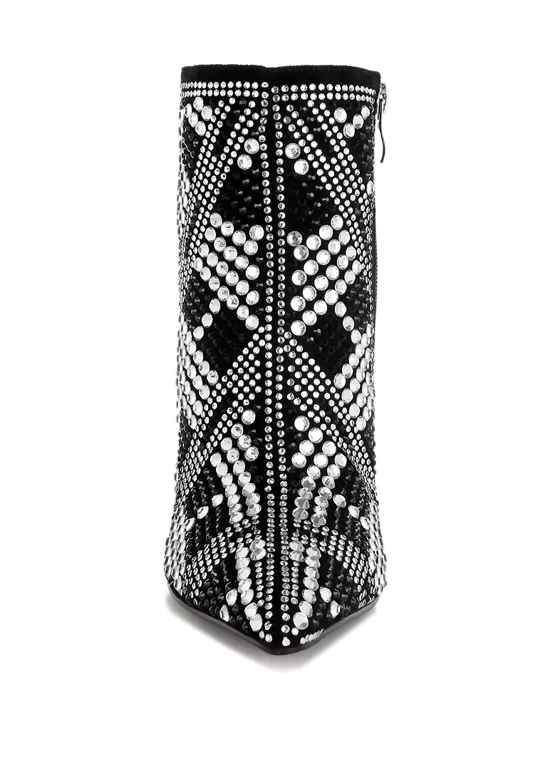 Rhinestones Studded Stiletto Heel Boots in Black