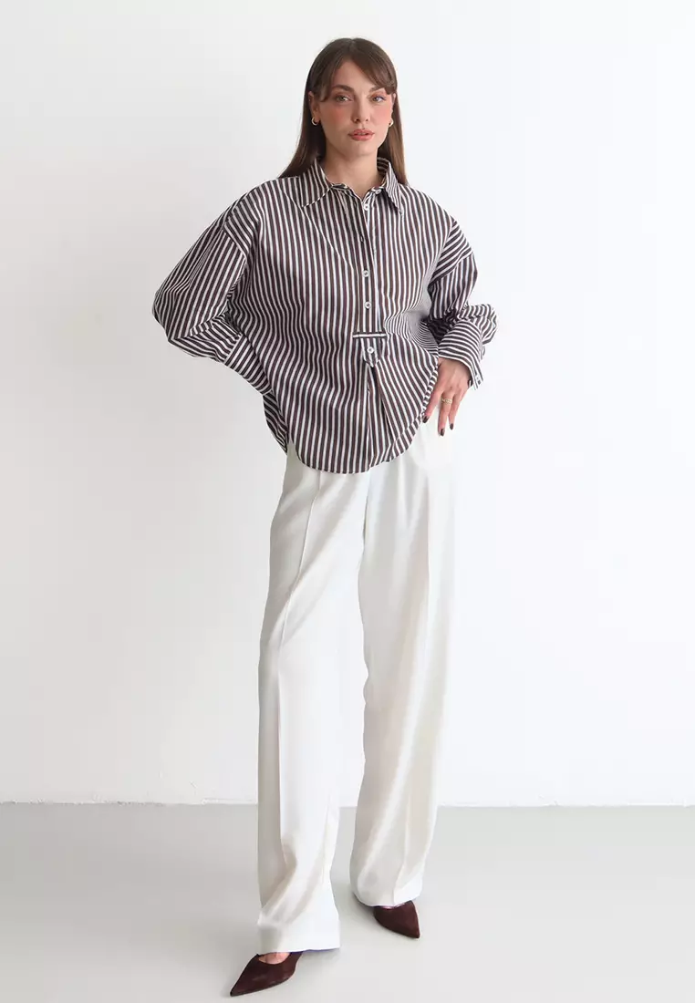 White High Waist Wide Leg Woven Trousers Twoaw26Pl161