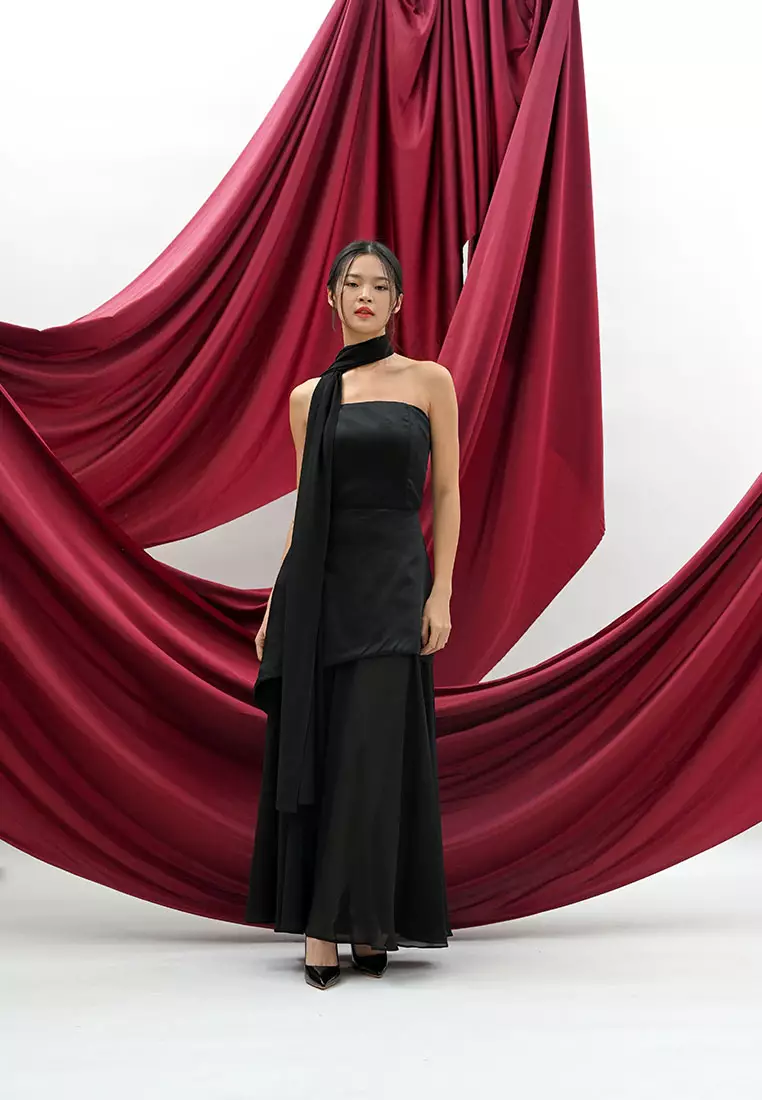 Tube Chiffon Maxi Dress with Scarf in Black