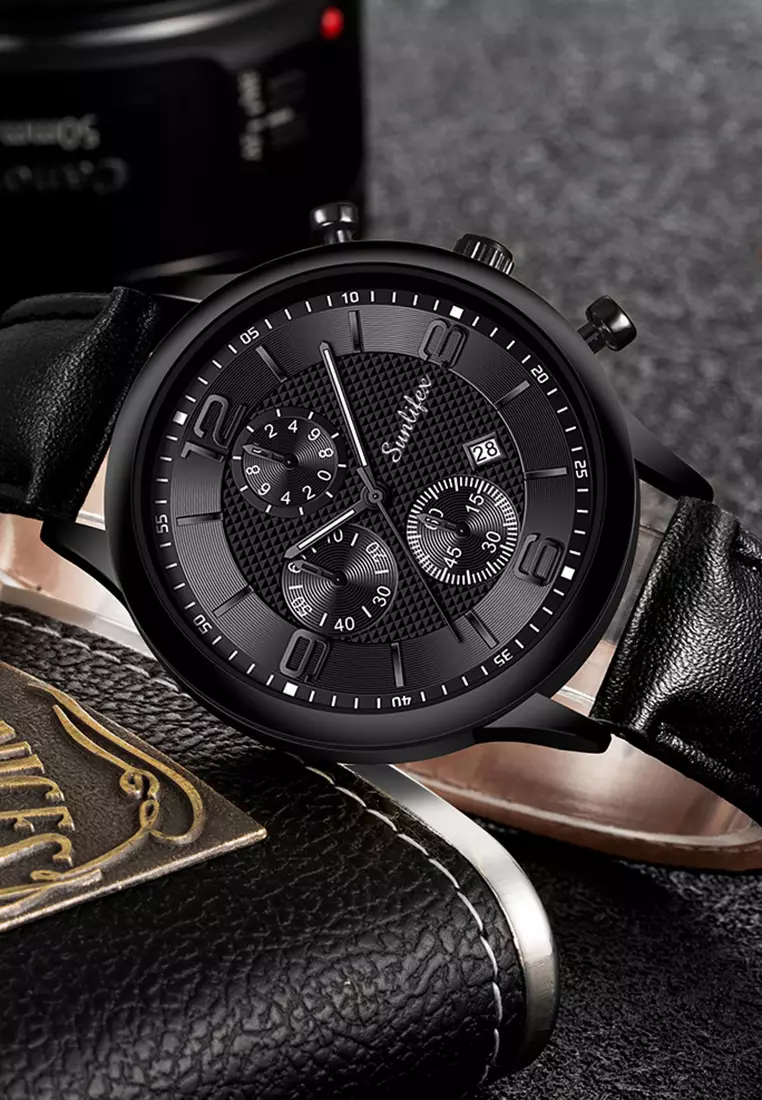 Jam Tangan Pria Kalender Kuarsa Bisnis Klasik Anti Air Tali Kulit Jam Tangan Cowok black